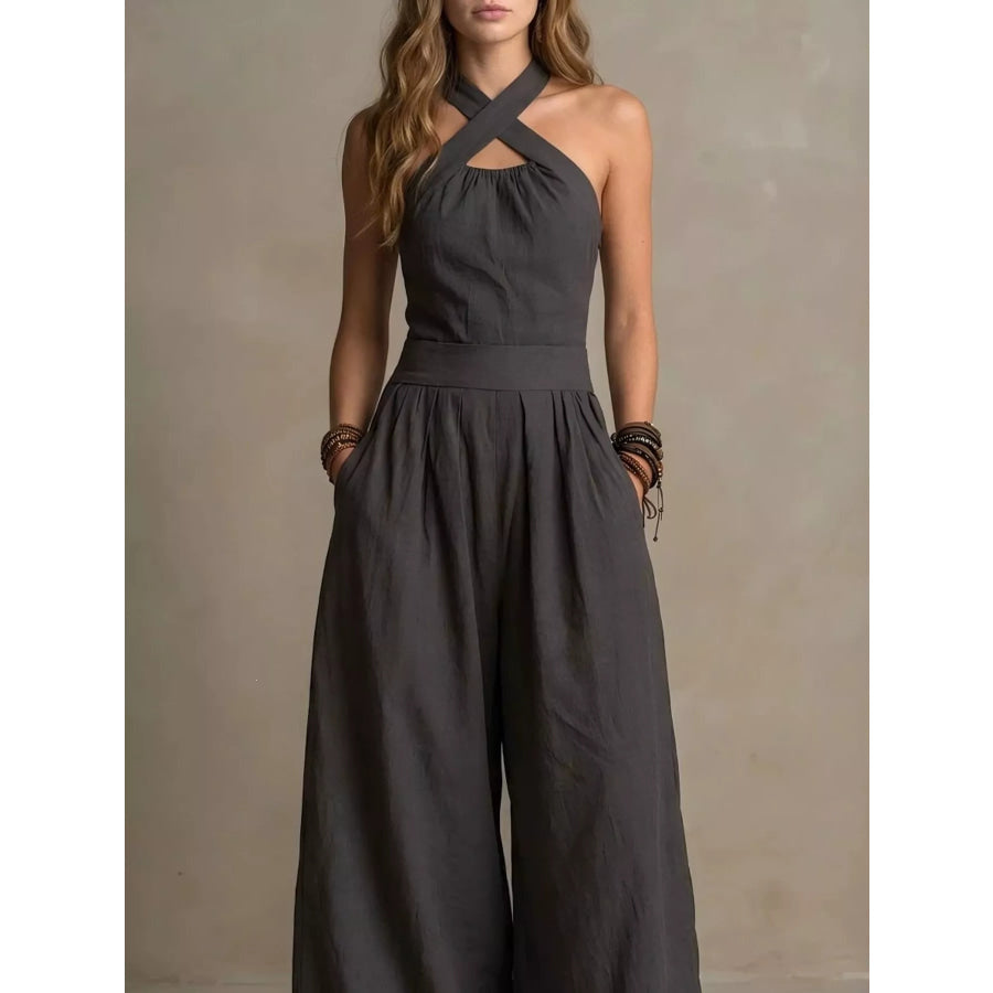 Full Size Halter Neck Wide-Leg Jumpsuit Plus Dark Gray / S Apparel and Accessories