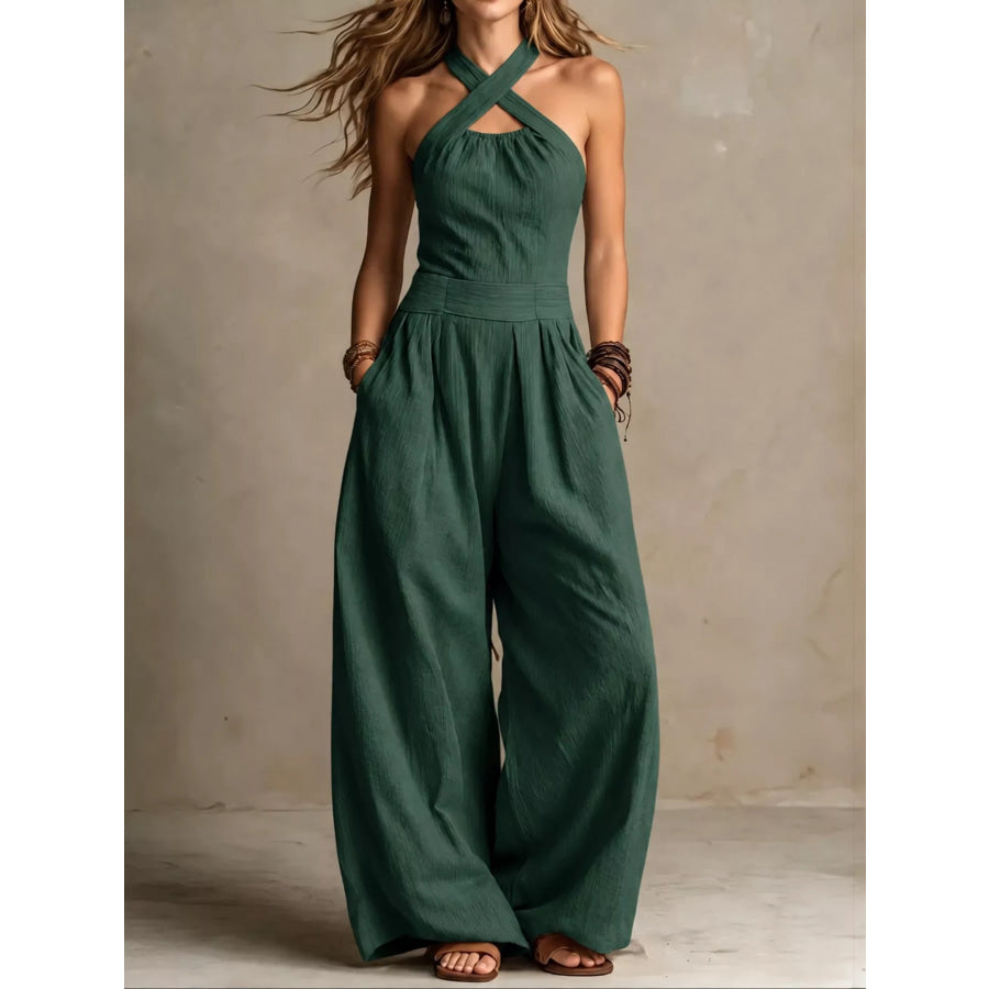 Full Size Halter Neck Wide-Leg Jumpsuit Plus Dark Green / S Apparel and Accessories