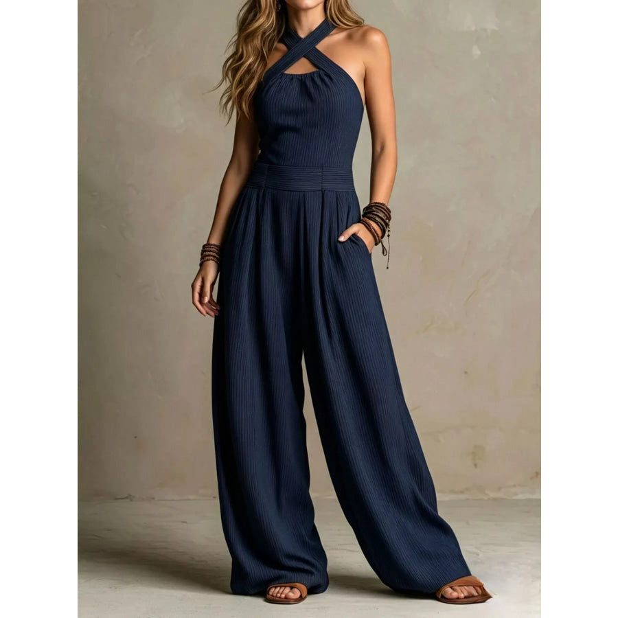 Full Size Halter Neck Wide-Leg Jumpsuit Plus Dark Navy / S Apparel and Accessories