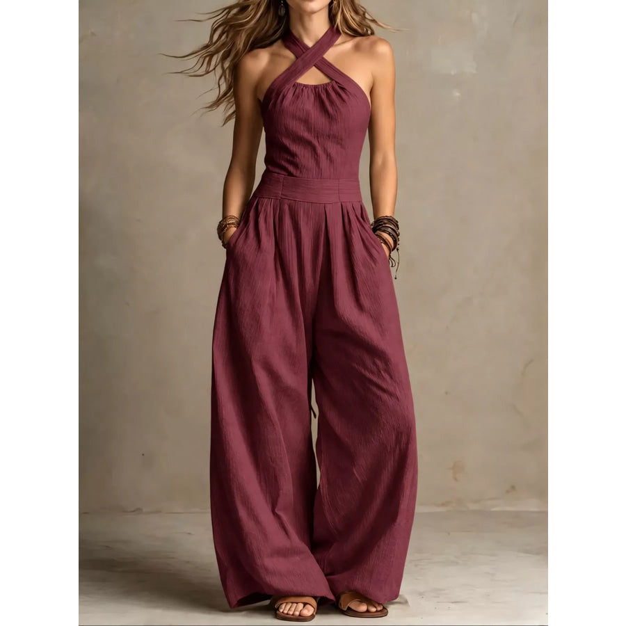 Full Size Halter Neck Wide-Leg Jumpsuit Plus Dark Red / S Apparel and Accessories