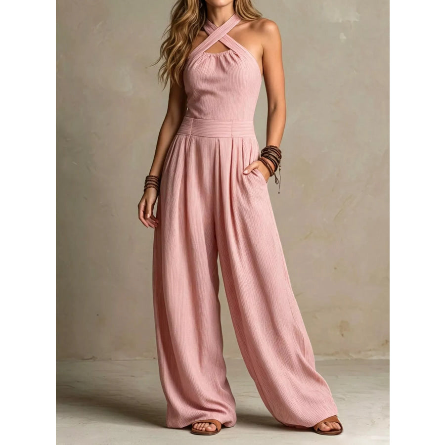 Full Size Halter Neck Wide-Leg Jumpsuit Plus Dusty Pink / S Apparel and Accessories