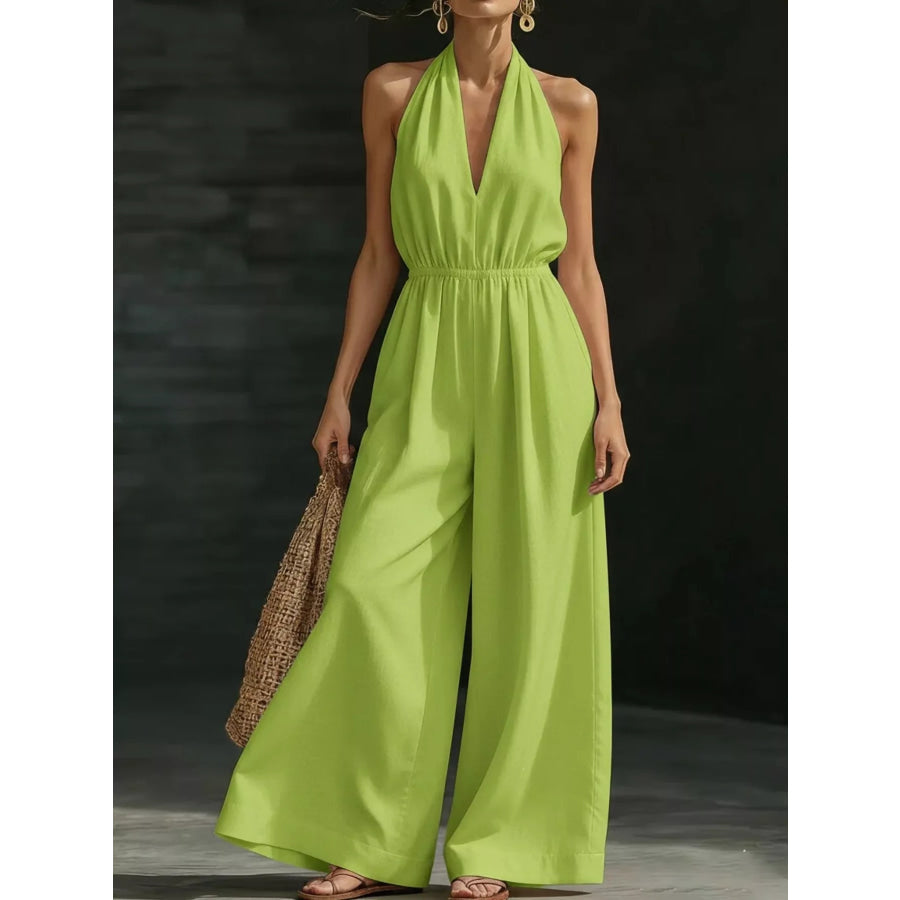 Full Size Halter Neck Wide-Leg Jumpsuit Plus Size Fluorescent Green / S Apparel and Accessories