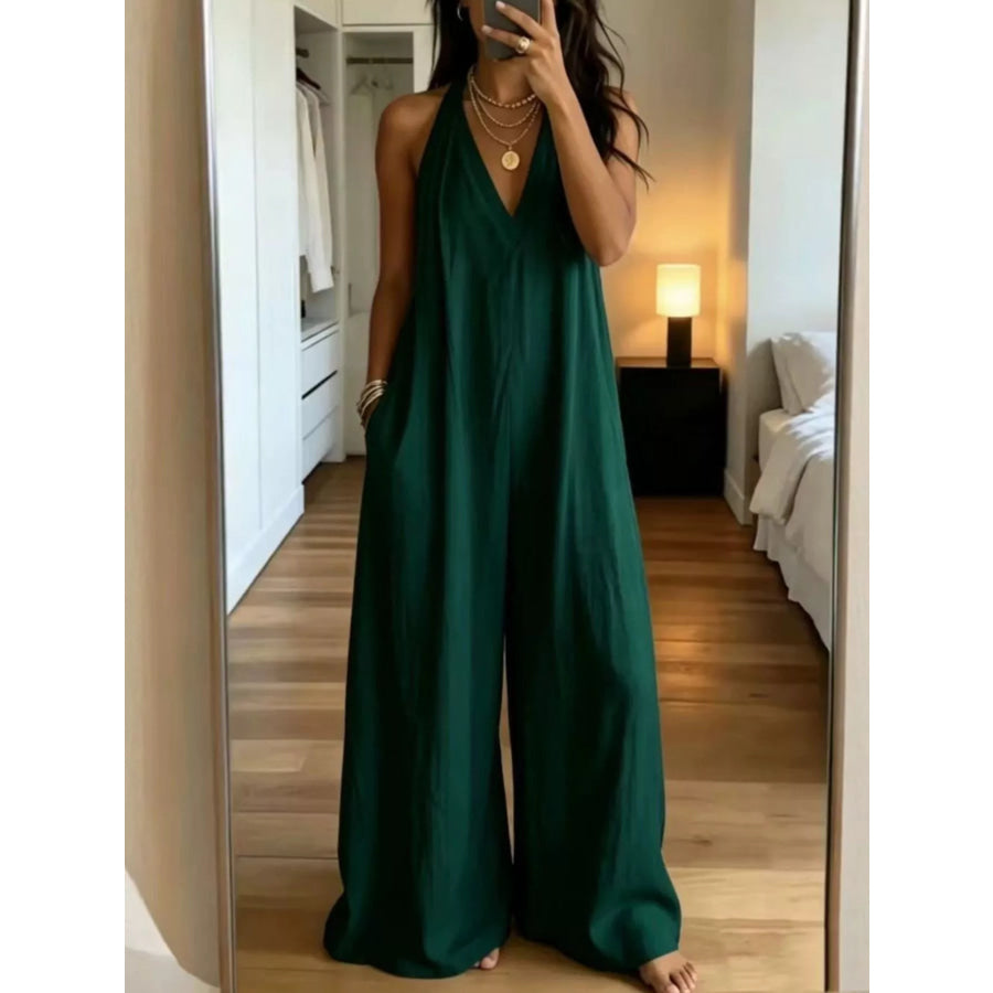 Full Size Halter Neck Wide-Leg Jumpsuit Plus Size Green / S Apparel and Accessories