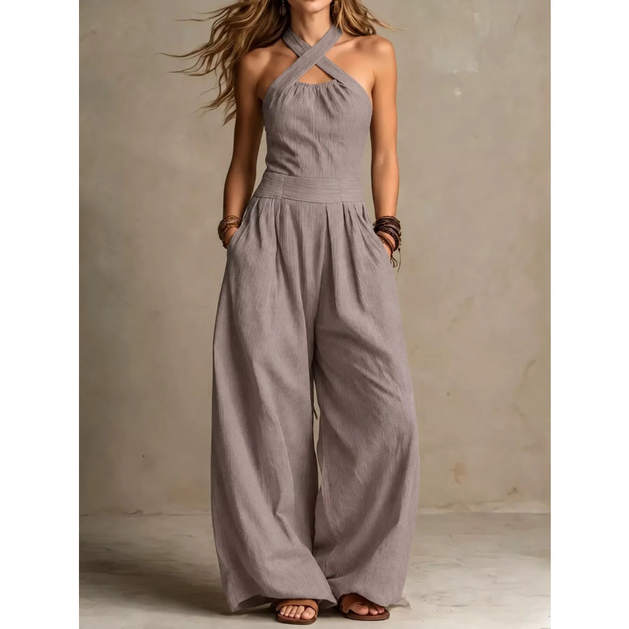 Full Size Halter Neck Wide-Leg Jumpsuit Plus Light Purple / S Apparel and Accessories