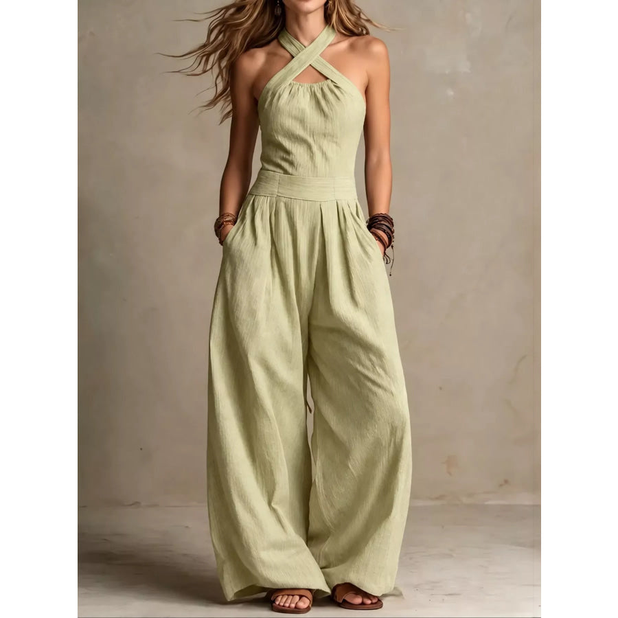 Full Size Halter Neck Wide-Leg Jumpsuit Plus Light Yellow / S Apparel and Accessories