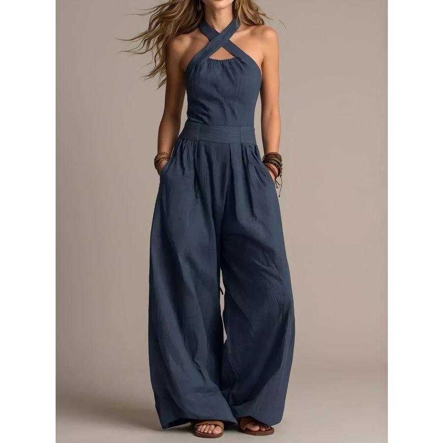 Full Size Halter Neck Wide-Leg Jumpsuit Plus Navy / S Apparel and Accessories