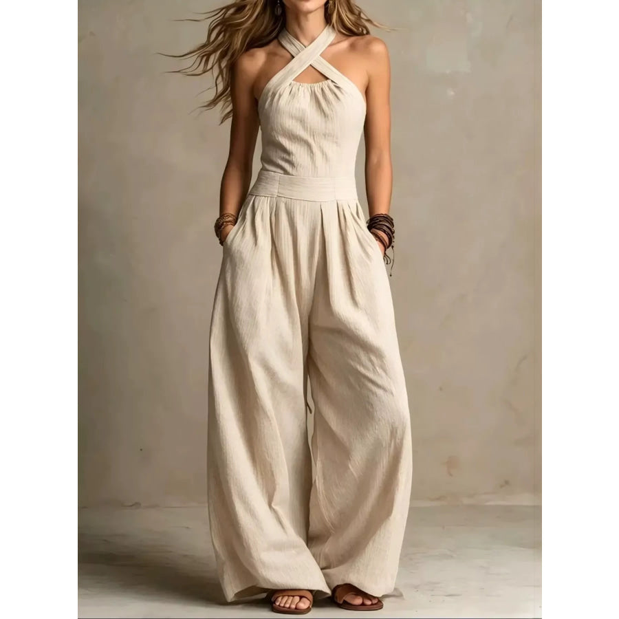 Full Size Halter Neck Wide-Leg Jumpsuit Plus Off White / S Apparel and Accessories