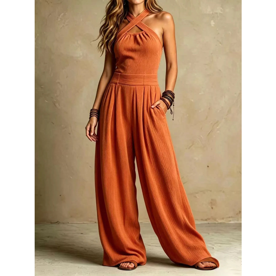 Full Size Halter Neck Wide-Leg Jumpsuit Plus Orange / S Apparel and Accessories