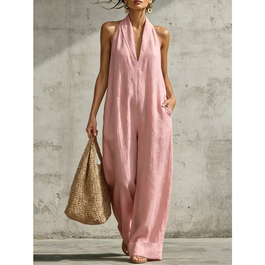 Full Size Halter Neck Wide-Leg Jumpsuit Plus Pink / S Apparel and Accessories
