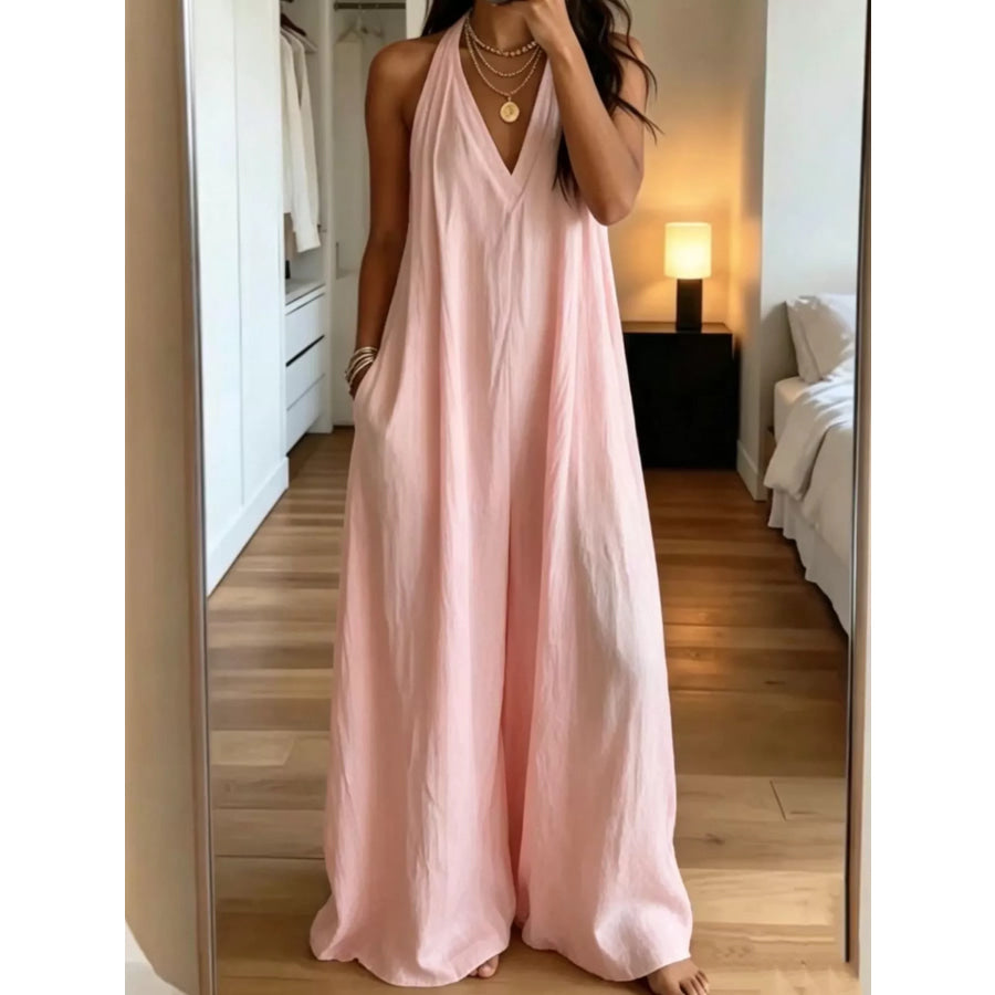 Full Size Halter Neck Wide-Leg Jumpsuit Plus Size Pink / S Apparel and Accessories