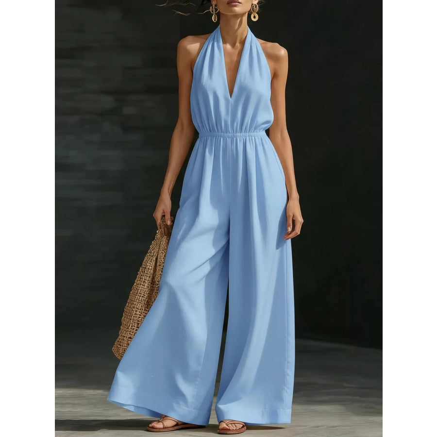 Full Size Halter Neck Wide-Leg Jumpsuit Plus Size Sky Blue / S Apparel and Accessories