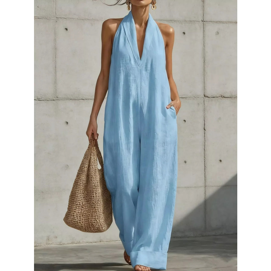 Full Size Halter Neck Wide-Leg Jumpsuit Plus Sky Blue / S Apparel and Accessories