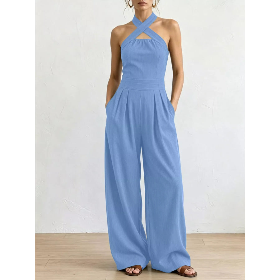 Full Size Halter Neck Wide-Leg Jumpsuit Plus Sky Blue / S Apparel and Accessories
