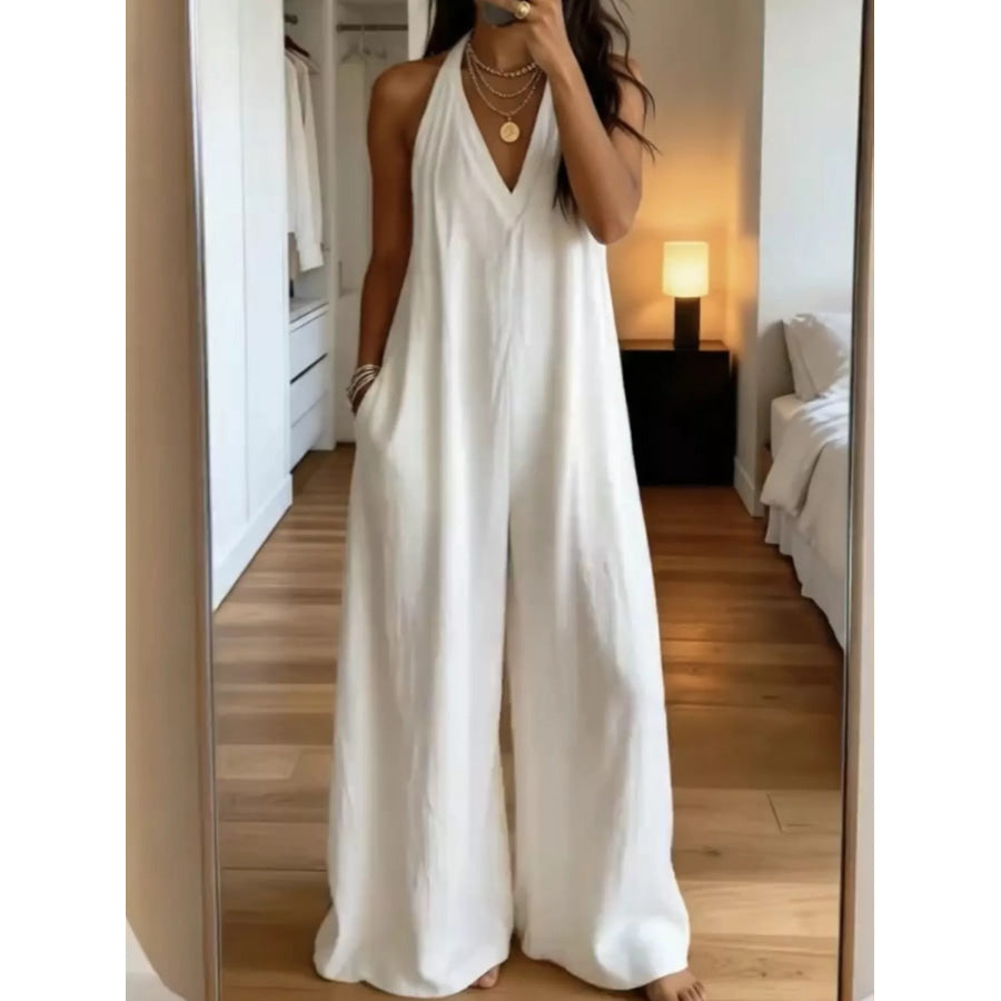 Full Size Halter Neck Wide-Leg Jumpsuit Plus Size White / S Apparel and Accessories