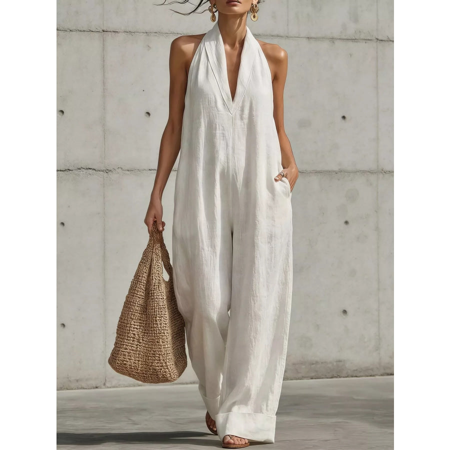 Full Size Halter Neck Wide-Leg Jumpsuit Plus White / S Apparel and Accessories