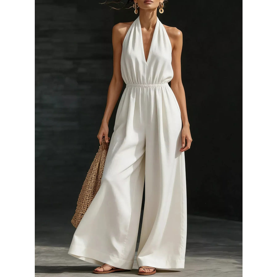 Full Size Halter Neck Wide-Leg Jumpsuit Plus Size White / S Apparel and Accessories