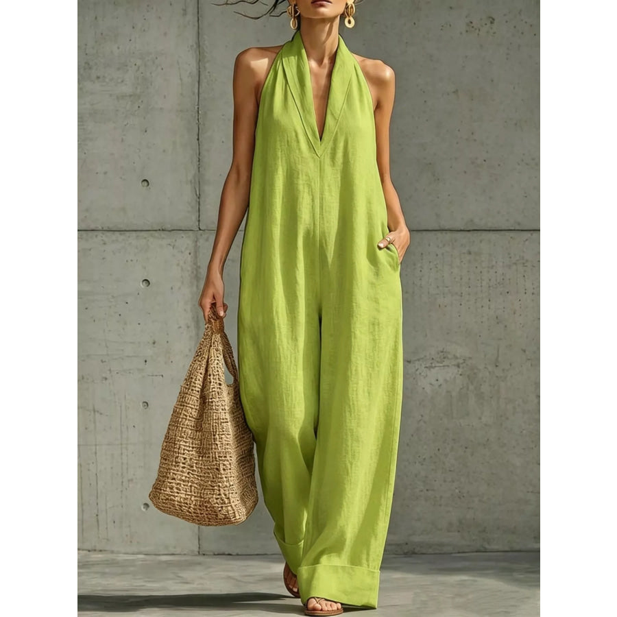 Full Size Halter Neck Wide-Leg Jumpsuit Plus Yellow-green / S Apparel and Accessories