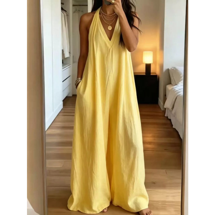 Full Size Halter Neck Wide-Leg Jumpsuit Plus Size Yellow / S Apparel and Accessories