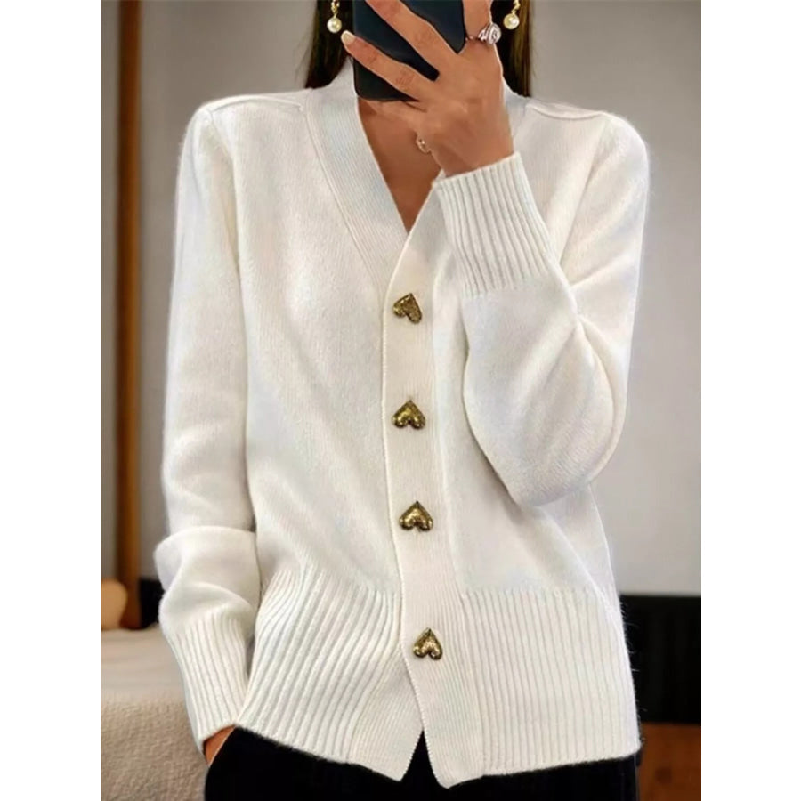 Full Size Heart-Button Knit Cardigan Plus Size White / S Apparel and Accessories