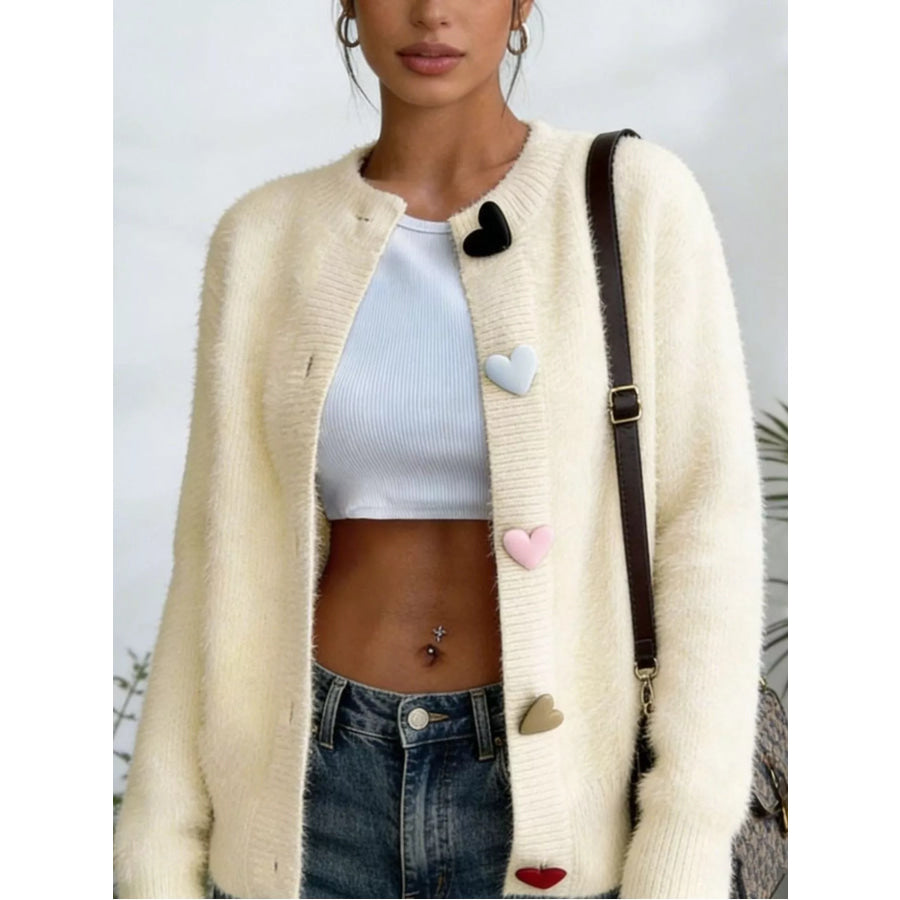 Full Size Heart Button Long Sleeve Cardigan Plus Yellow / S Apparel and Accessories