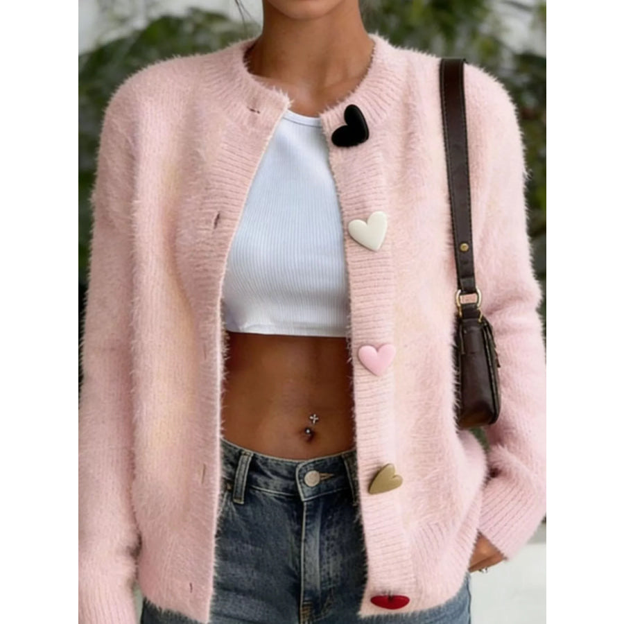 Full Size Heart Button Long Sleeve Cardigan Plus Pink / S Apparel and Accessories