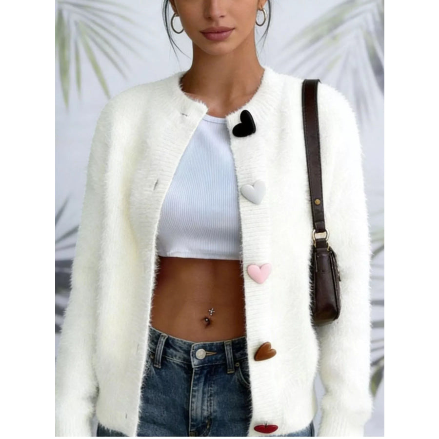 Full Size Heart Button Long Sleeve Cardigan Plus White / S Apparel and Accessories