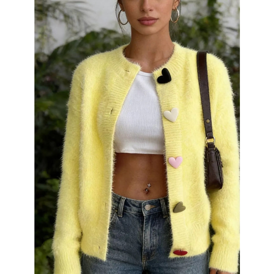Full Size Heart Button Long Sleeve Cardigan Plus Yellow / S Apparel and Accessories