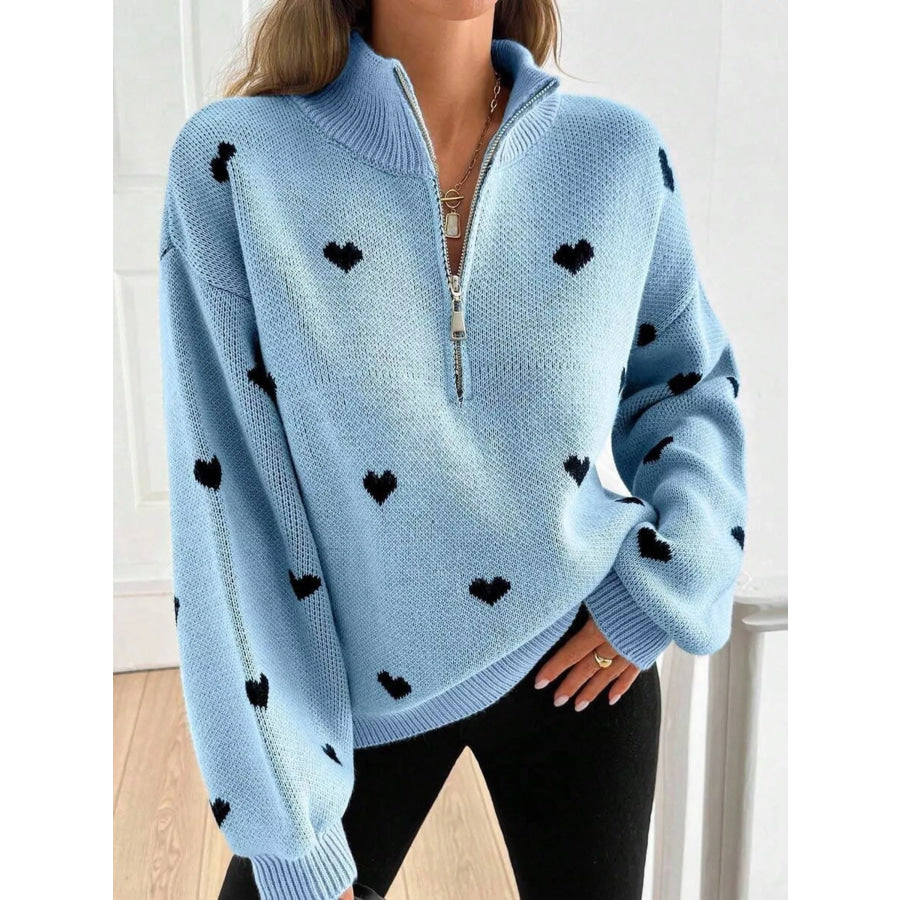 Full Size Heart Half-Zip Long Sleeve Sweater Plus Size Apparel and Accessories