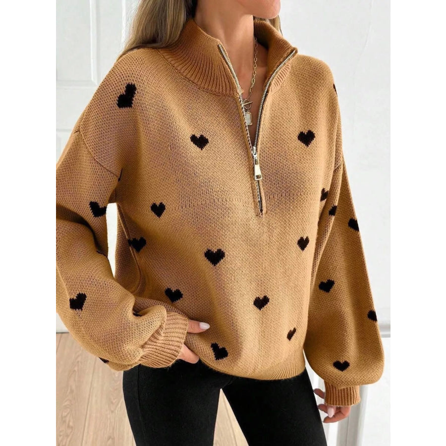 Full Size Heart Half-Zip Long Sleeve Sweater Plus Size Apparel and Accessories