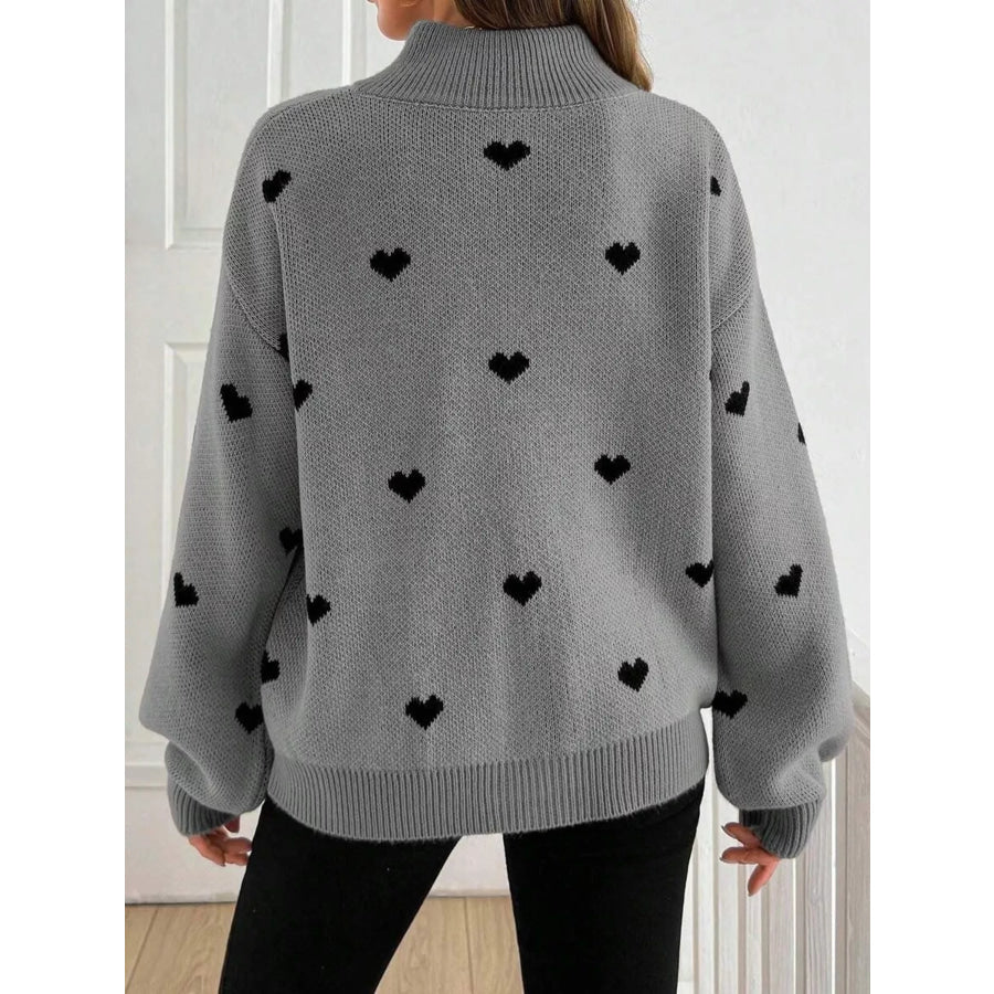 Full Size Heart Half-Zip Long Sleeve Sweater Plus Size Apparel and Accessories