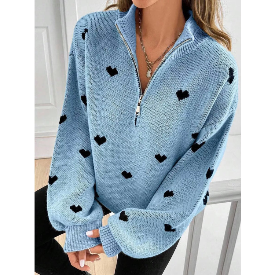 Full Size Heart Half-Zip Long Sleeve Sweater Plus Size Apparel and Accessories