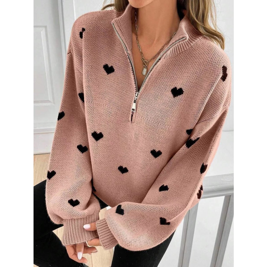 Full Size Heart Half-Zip Long Sleeve Sweater Plus Size Dusty Pink / S Apparel and Accessories