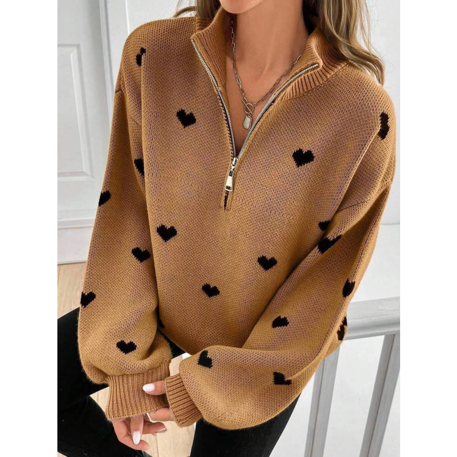 Full Size Heart Half-Zip Long Sleeve Sweater Plus Size Apparel and Accessories