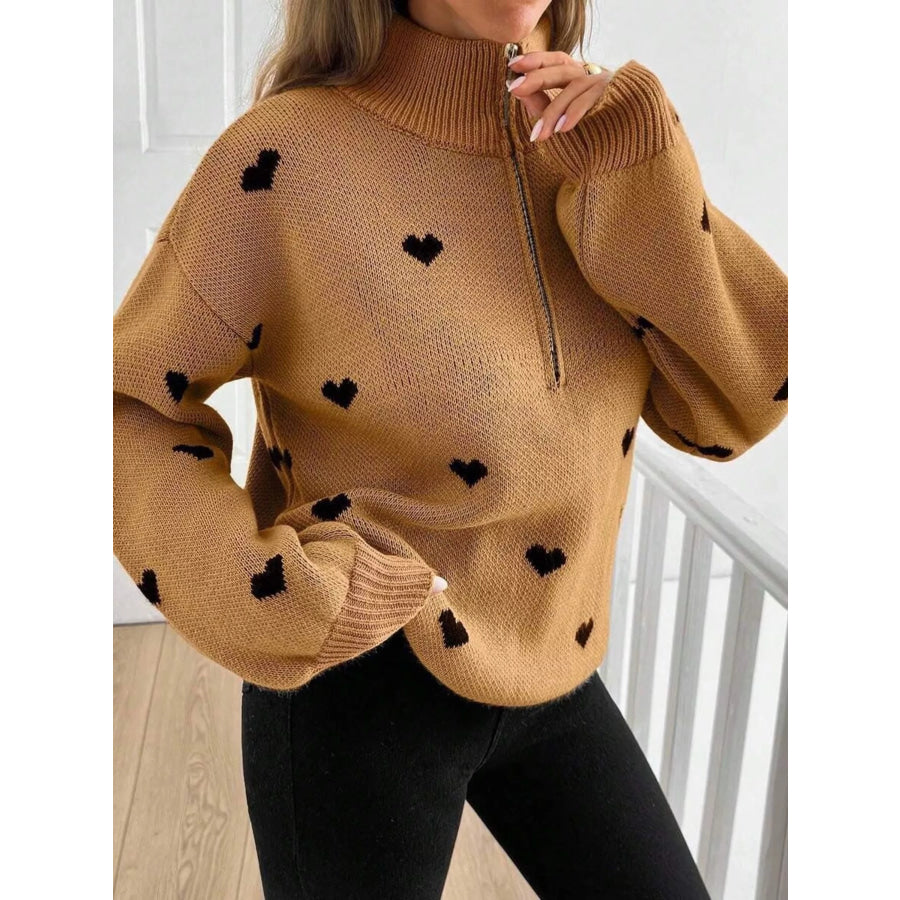Full Size Heart Half-Zip Long Sleeve Sweater Plus Size Caramel / S Apparel and Accessories