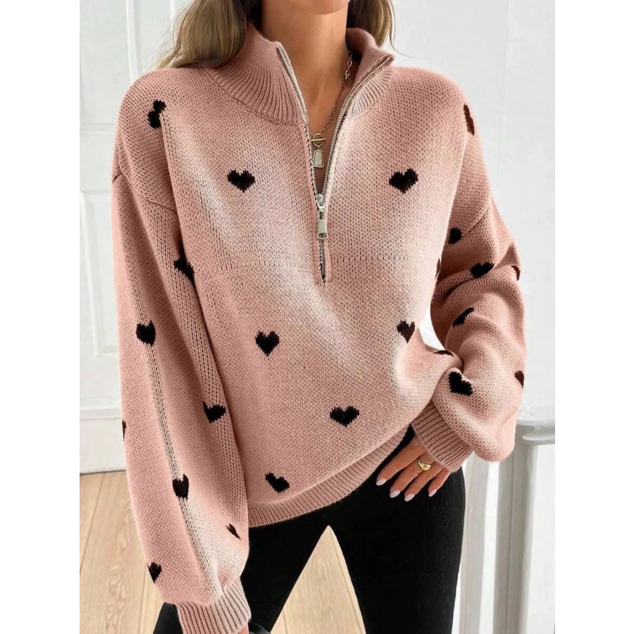 Full Size Heart Half-Zip Long Sleeve Sweater Plus Size Dusty Pink / S Apparel and Accessories