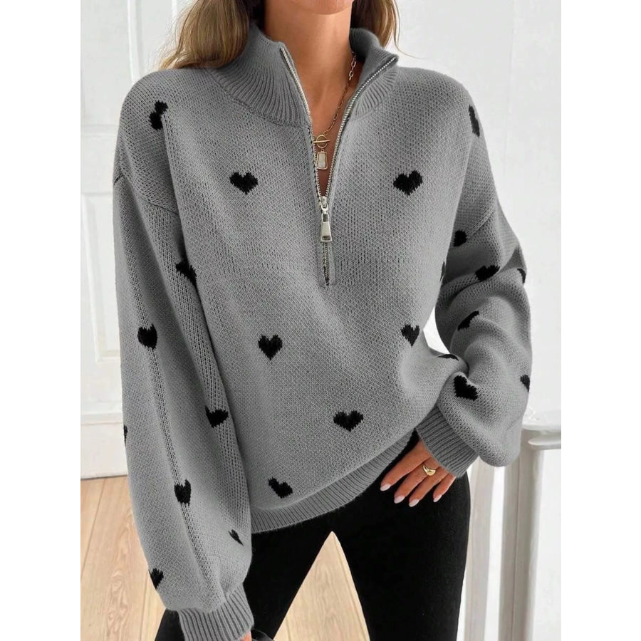 Full Size Heart Half-Zip Long Sleeve Sweater Plus Size Gray / S Apparel and Accessories