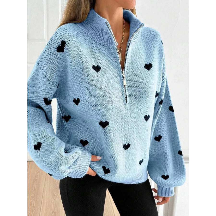 Full Size Heart Half-Zip Long Sleeve Sweater Plus Size Sky Blue / S Apparel and Accessories