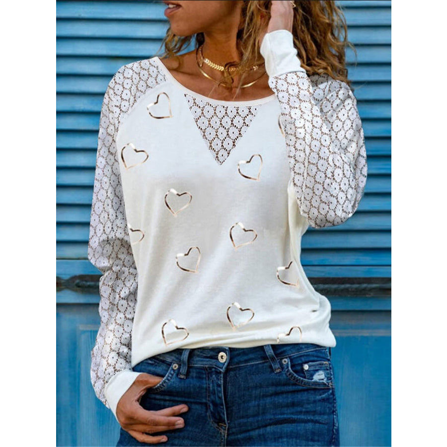 Full Size Heart Print Round Neck Long Sleeve Top White / S Apparel and Accessories