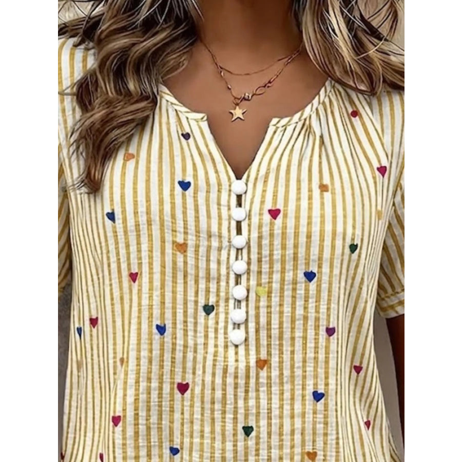 Full Size Heart Striped Short Sleeve Blouse Plus Apparel and Accessories