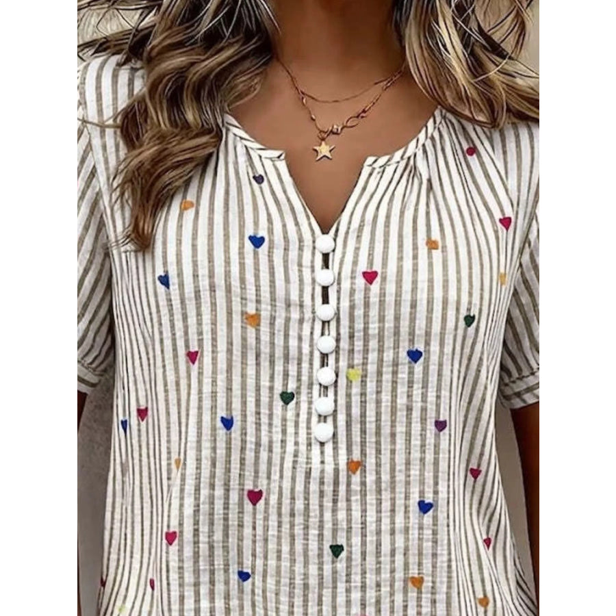 Full Size Heart Striped Short Sleeve Blouse Plus Apparel and Accessories