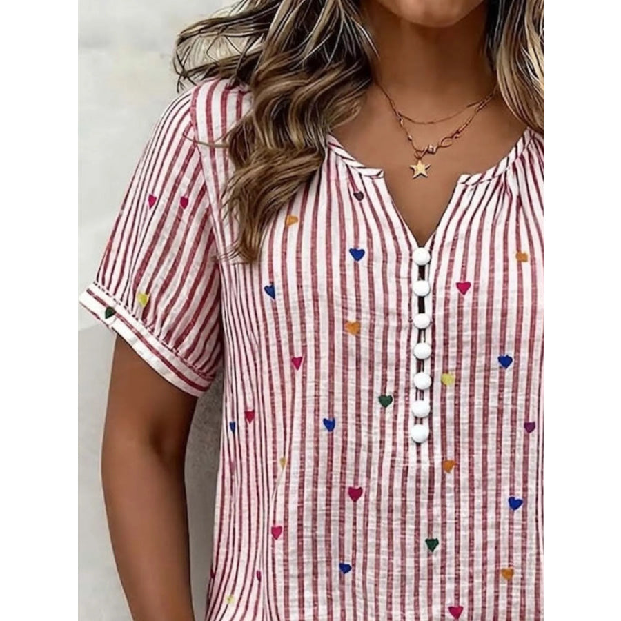 Full Size Heart Striped Short Sleeve Blouse Plus Apparel and Accessories