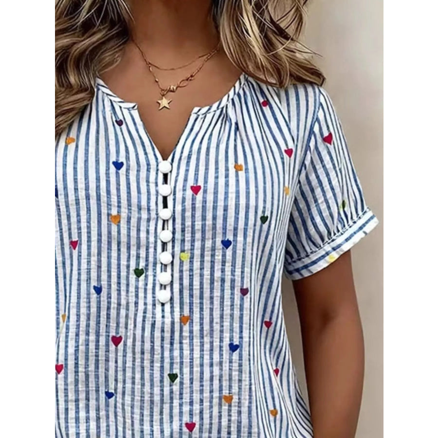 Full Size Heart Striped Short Sleeve Blouse Plus Apparel and Accessories