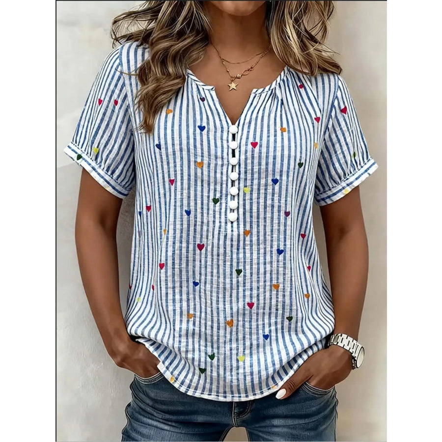 Full Size Heart Striped Short Sleeve Blouse Plus Light Blue / S Apparel and Accessories