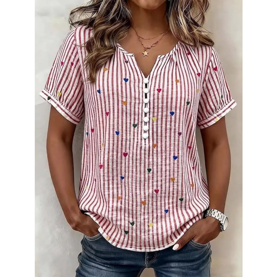 Full Size Heart Striped Short Sleeve Blouse Plus Pink / S Apparel and Accessories