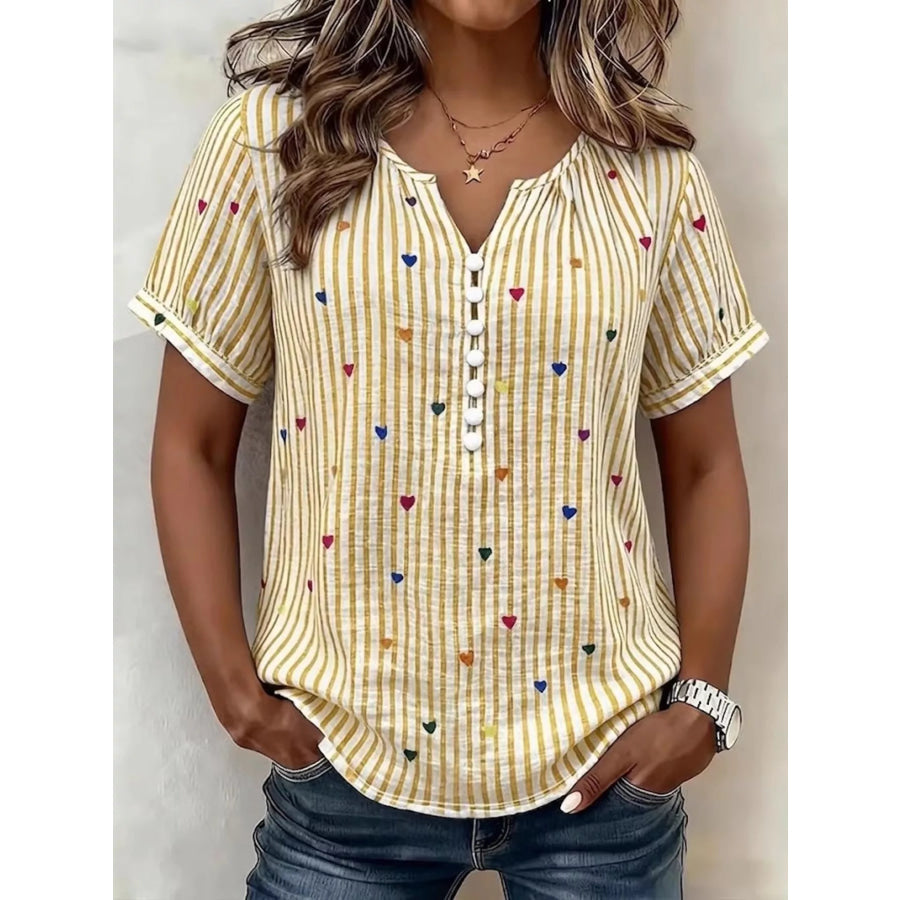 Full Size Heart Striped Short Sleeve Blouse Plus Yellow / S Apparel and Accessories