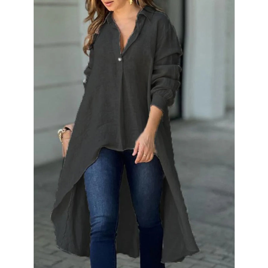 Full Size High-Low Collared Neck Long Sleeve Shirt Black / S Apparel and Accessories