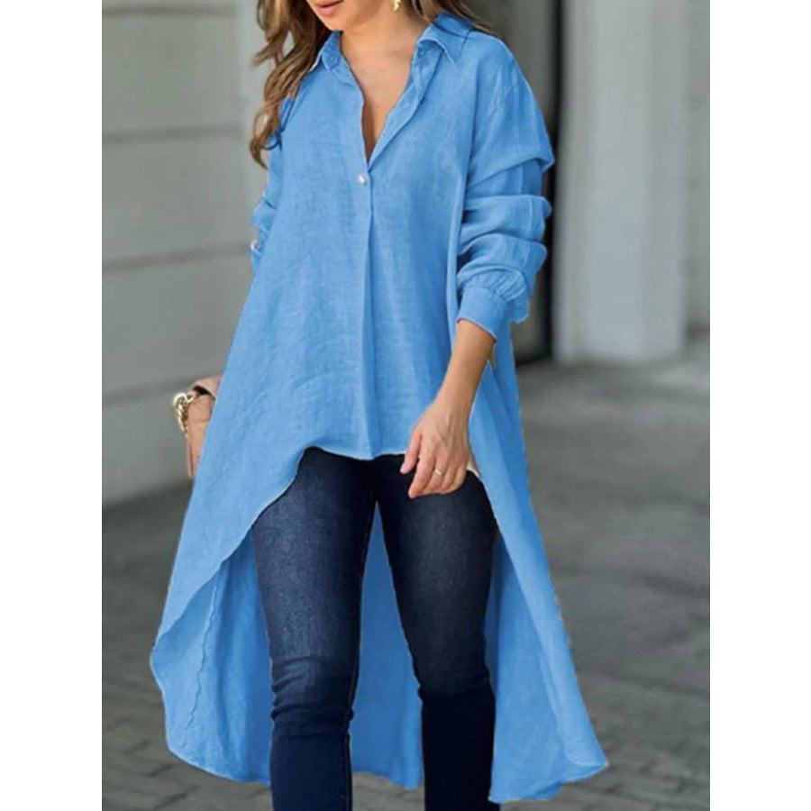 Full Size High-Low Collared Neck Long Sleeve Shirt Cerulean / S Apparel and Accessories