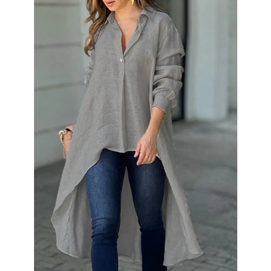 Full Size High-Low Collared Neck Long Sleeve Shirt Dark Gray / S Apparel and Accessories