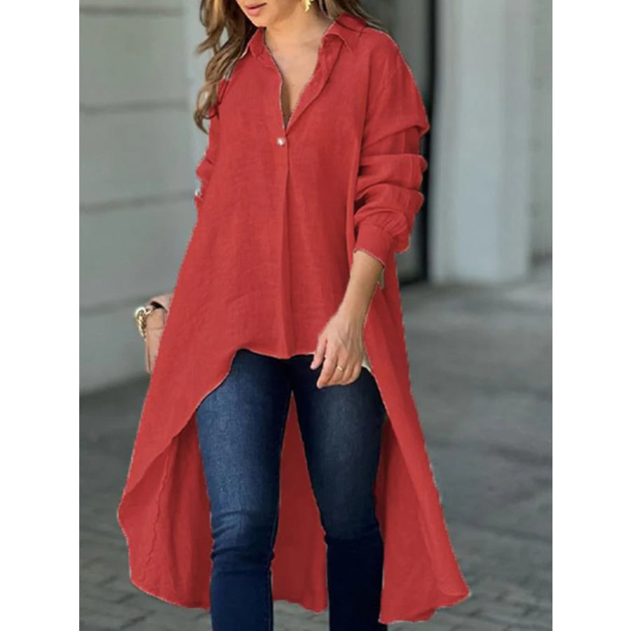Full Size High-Low Collared Neck Long Sleeve Shirt Deep Red / S Apparel and Accessories