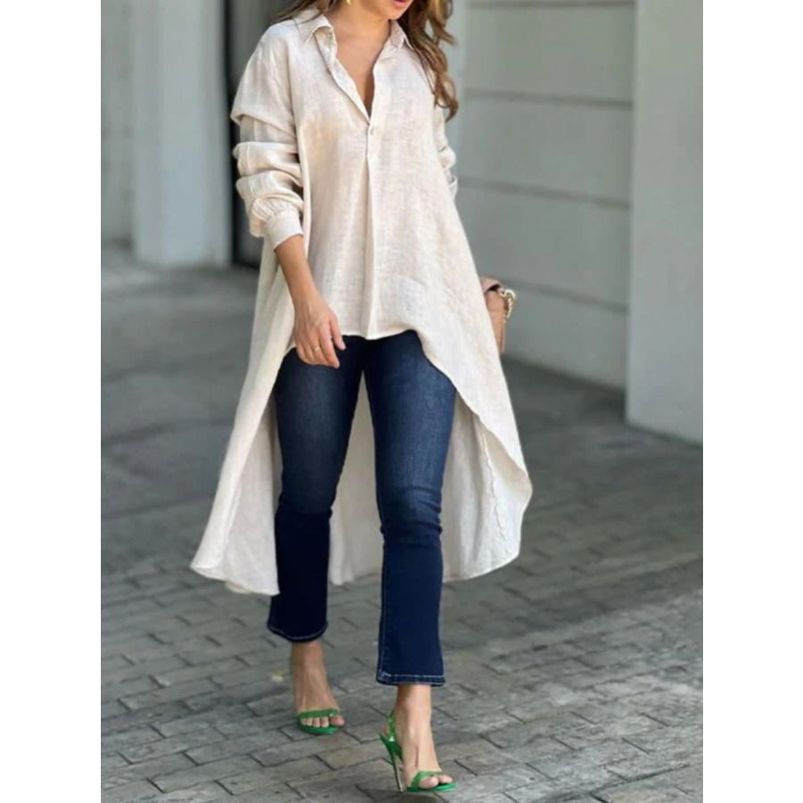 Full Size High-Low Collared Neck Long Sleeve Shirt Dust Storm / S Apparel and Accessories